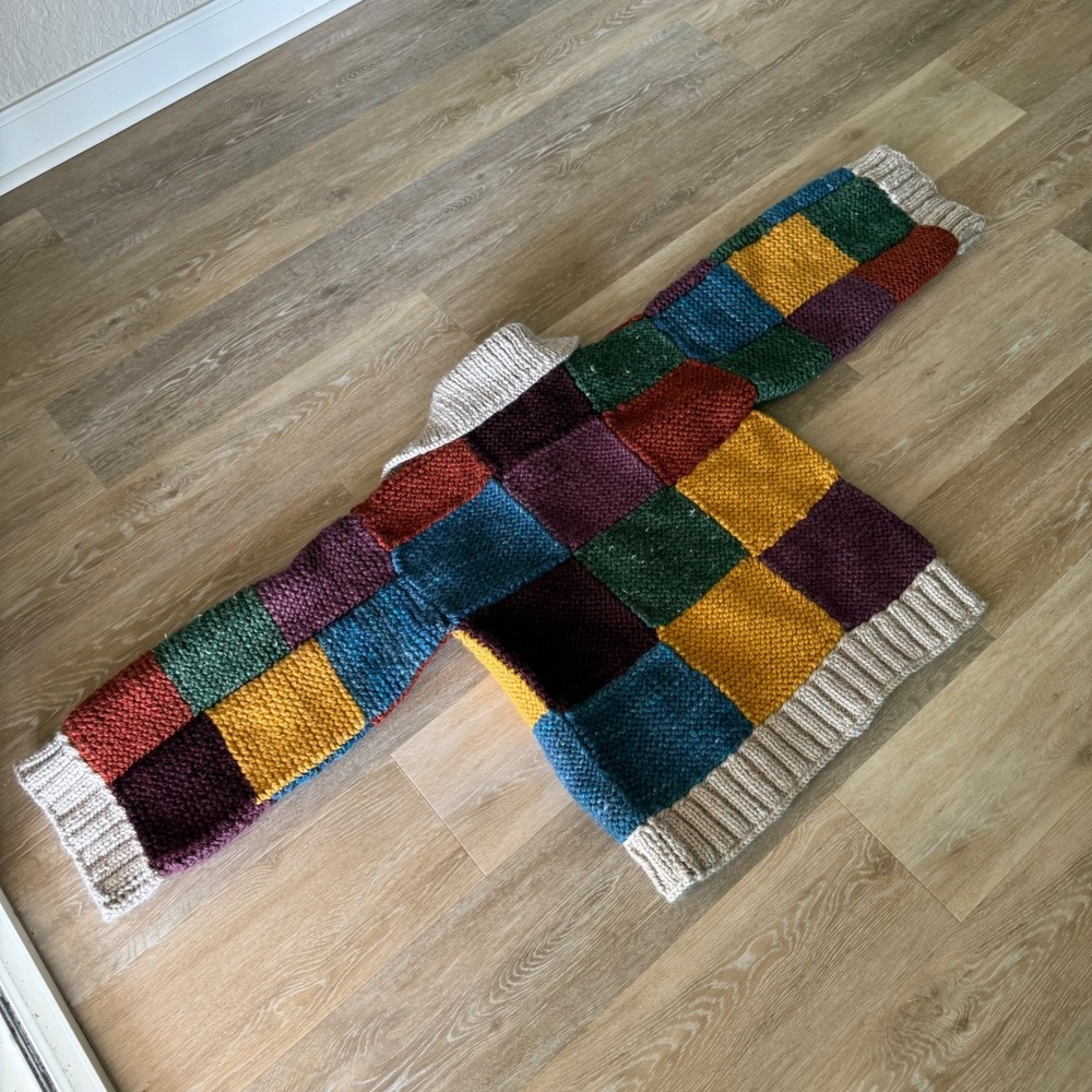 Handmade One Of A Kind Heavy Crochet Color Block Jacket Sweater Long Sleeve - Picture 14 of 16
